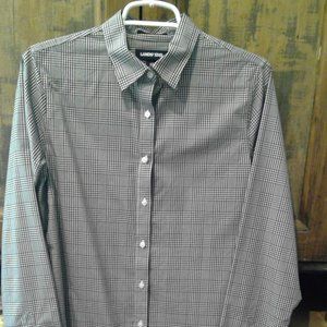New Lands End Womens No Iron Supima Black/White Plaid Button Front Shirt-6 Tall